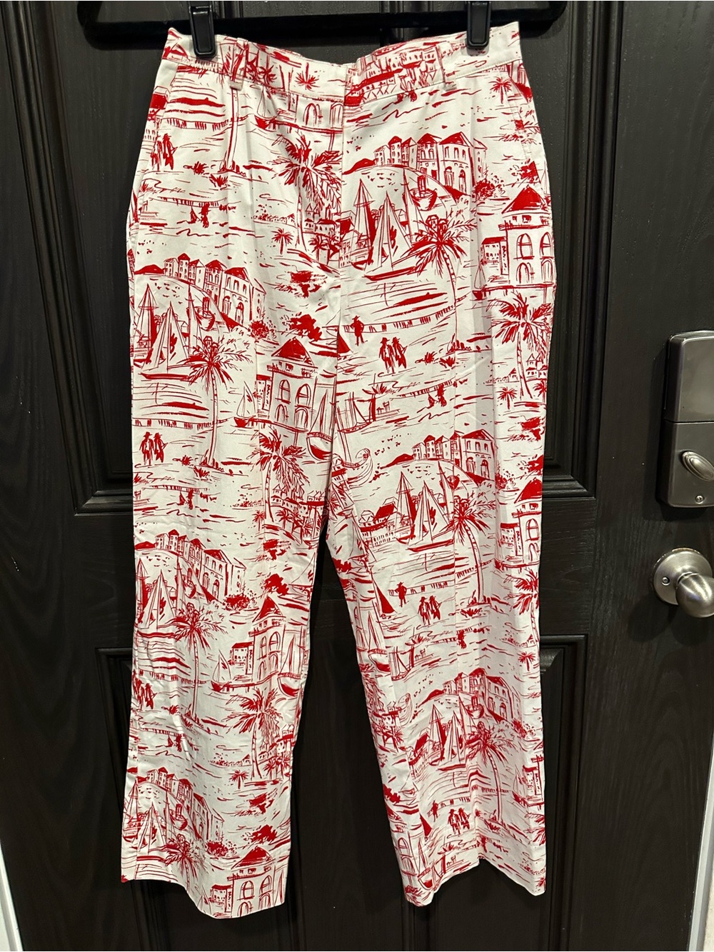 Vintage- Red Scenic Print Cropped Ankle Pants — Women's
